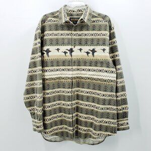 Woolrich Chamois Flannel Button Up Shirt Men's L Green Duck Print Made In Peru